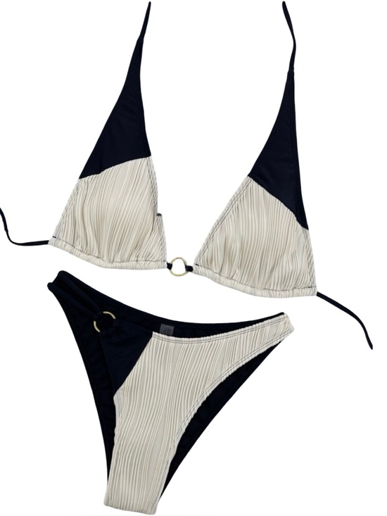 Other - Black & Cream Pleated Triangle Bikini Set with Gold Ring Detail | NWOT